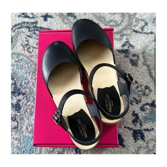 New $248 Womens 8 Covered Swedish Hasbeens Matte Black Clogs Mules Low 2” Heel - Picture 10 of 13